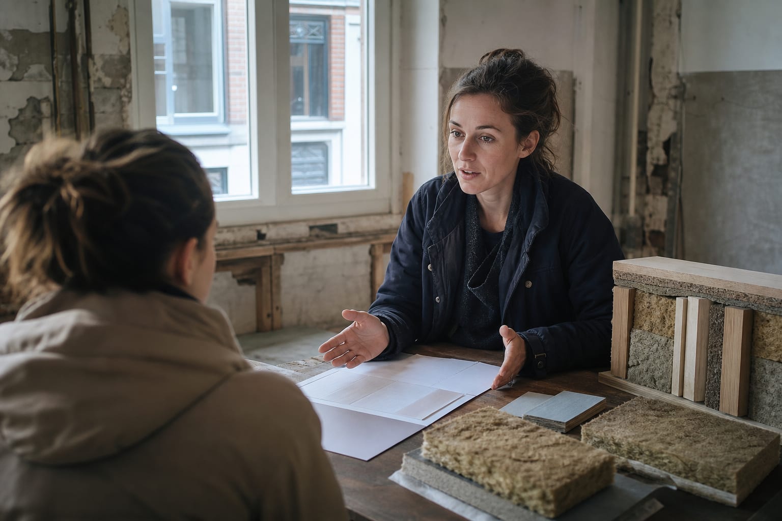 Propriétaire et conseiller étudient des échantillons d’isolation avant travaux.