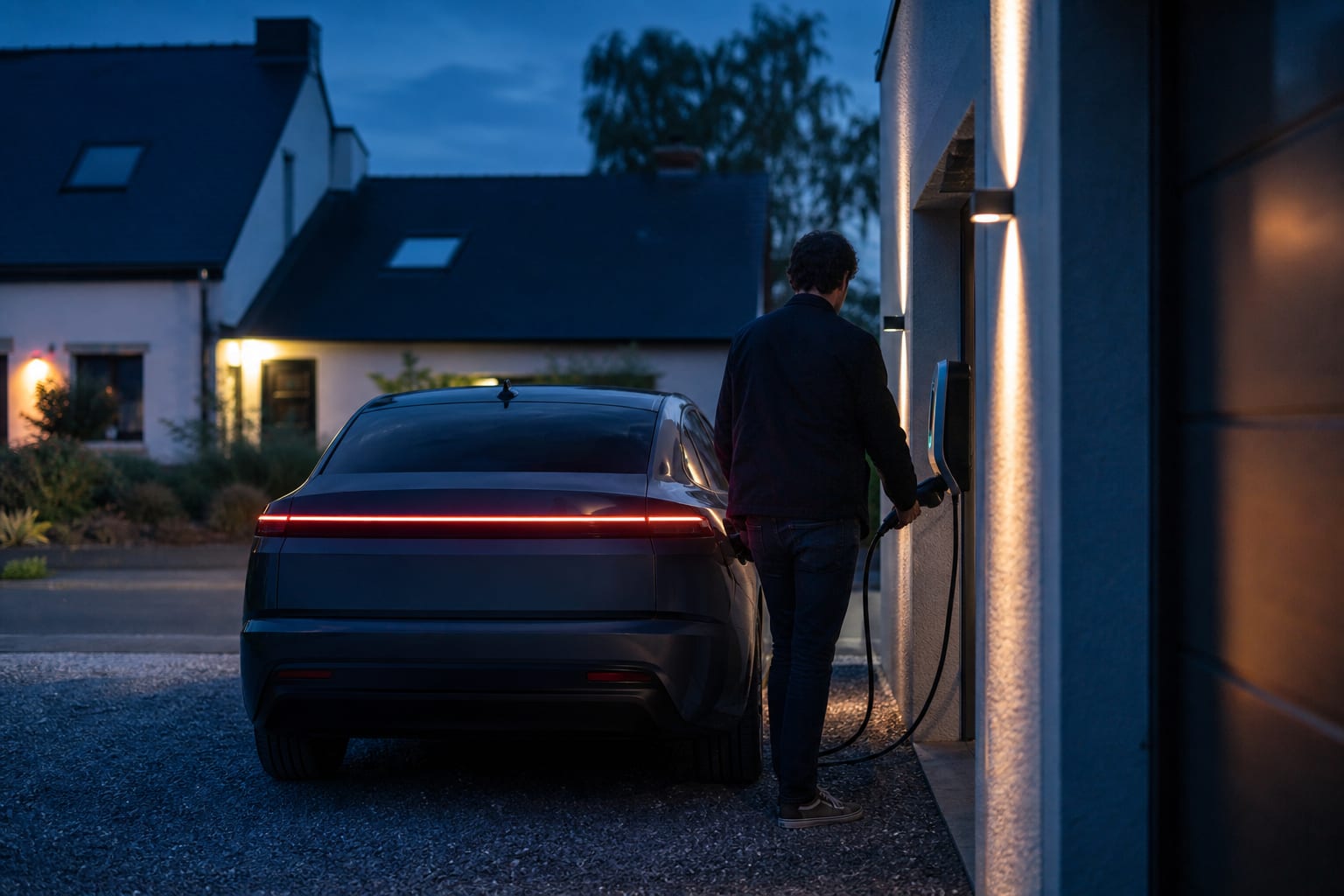 Conducteur branchant une voiture électrique devant sa maison de banlieue la nuit.