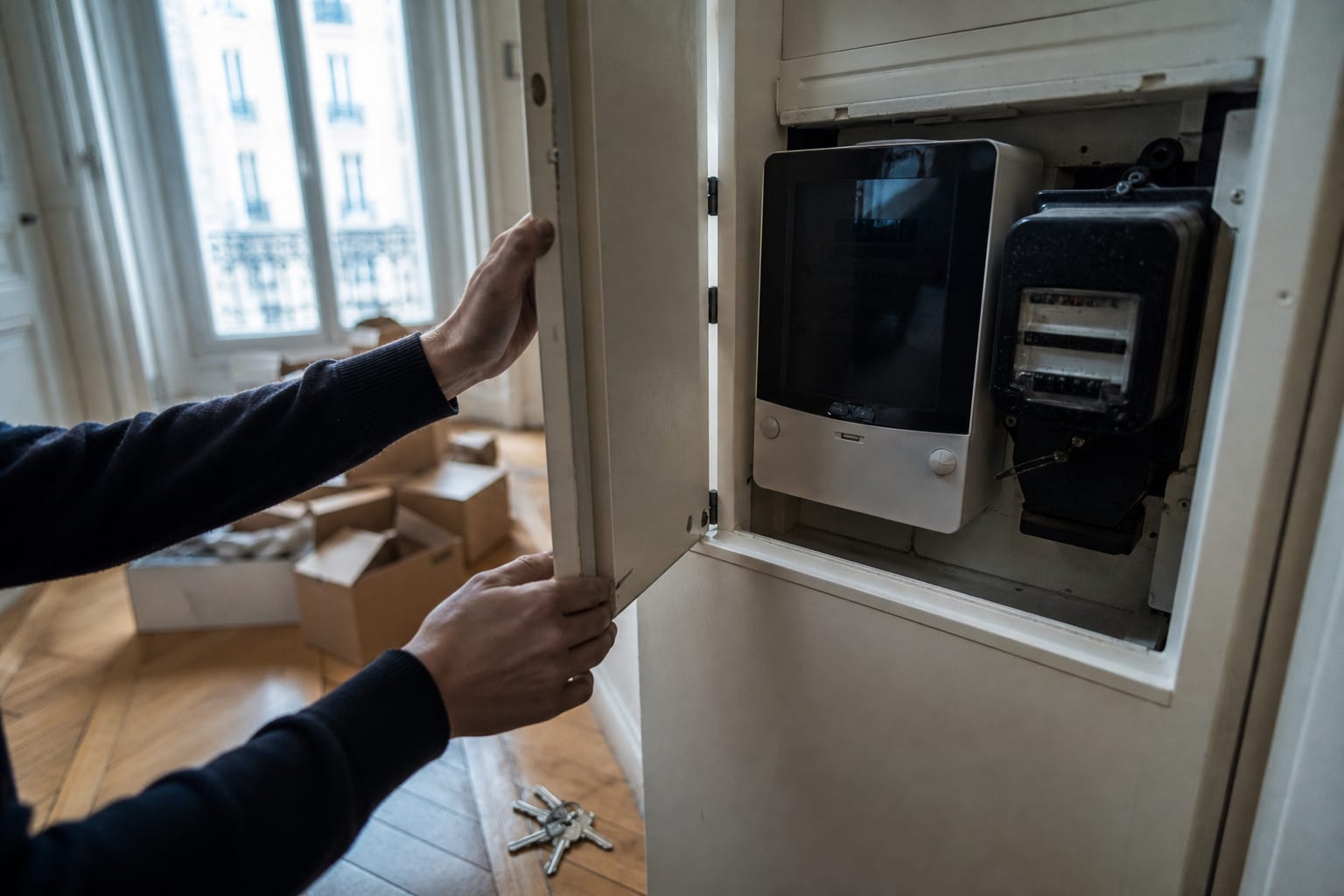 Mains ouvrant un coffret électrique dans un appartement lyonnais en déménagement.