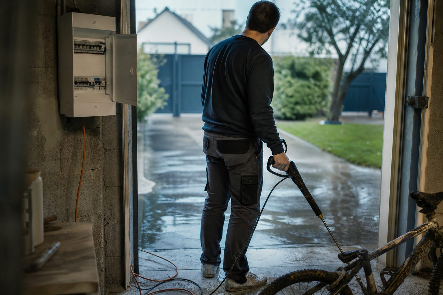 Nettoyeur haute pression, rallonge fine et disjoncteur abaissé dans un garage.