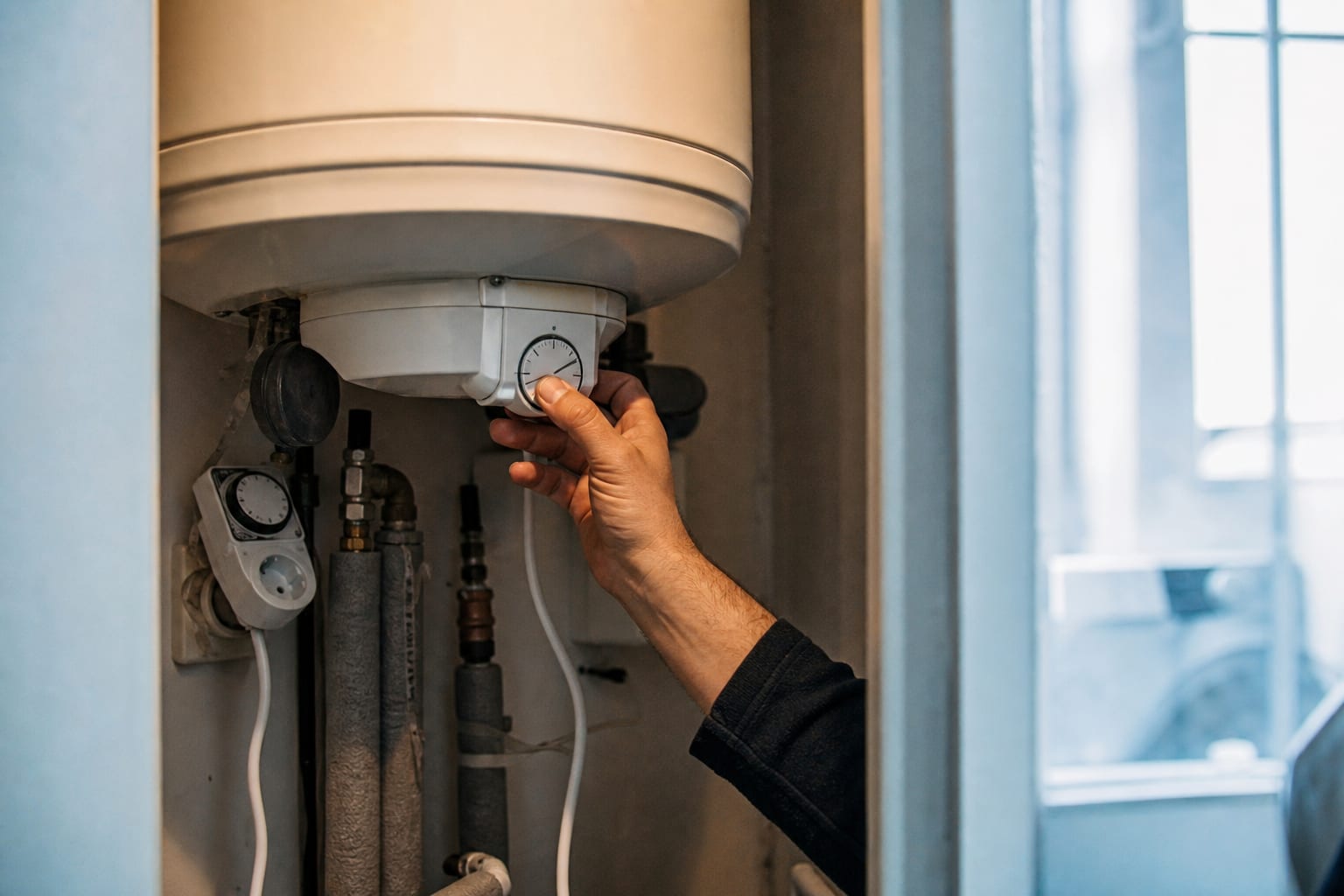 Main réglant le thermostat d’un ballon d’eau chaude électrique.