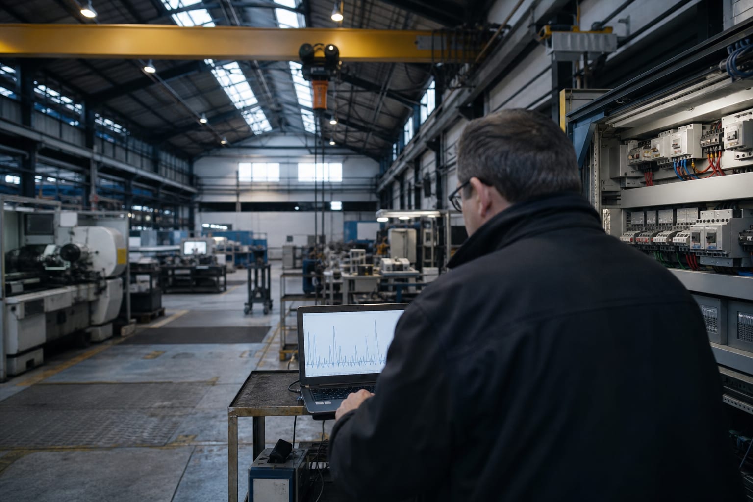 Responsable observant une courbe de charge devant un tableau électrique industriel.