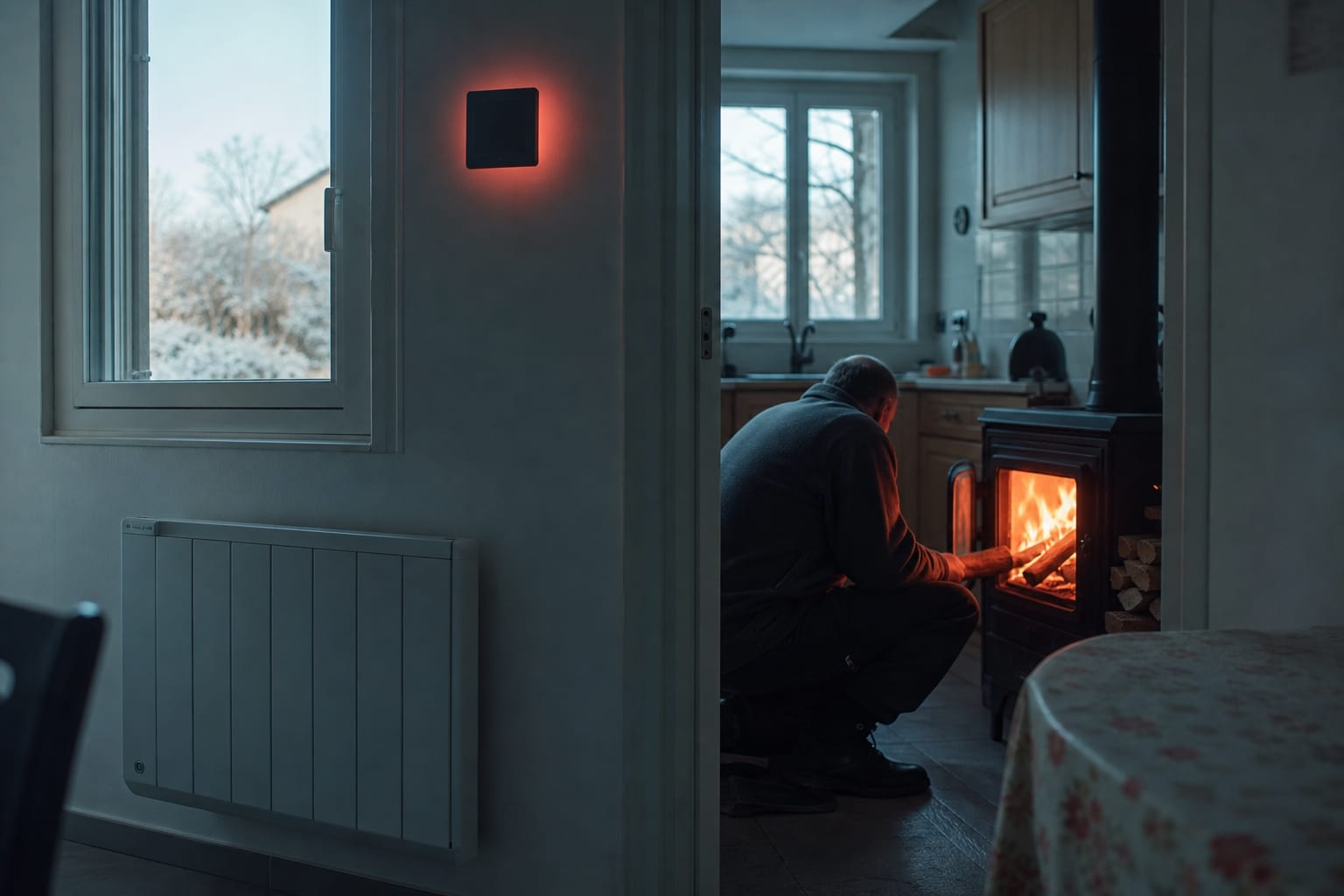 Habitant alimentant un poêle lors d’une journée rouge hivernale.
