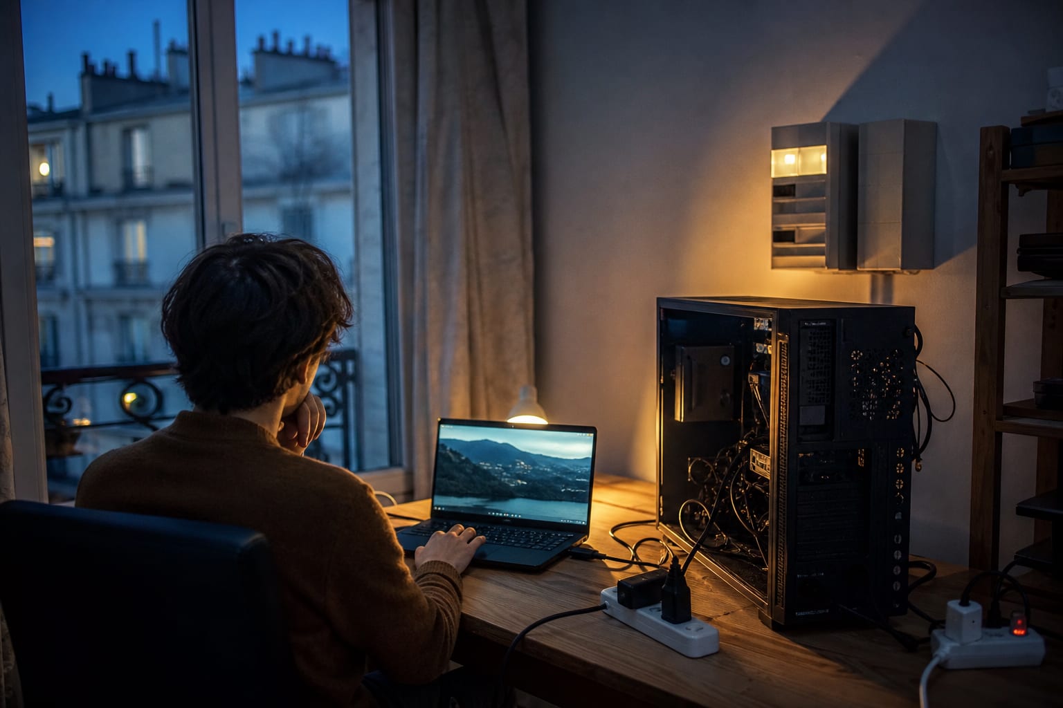 Comparaison d’un ordinateur portable et d’une tour dans un bureau domestique.