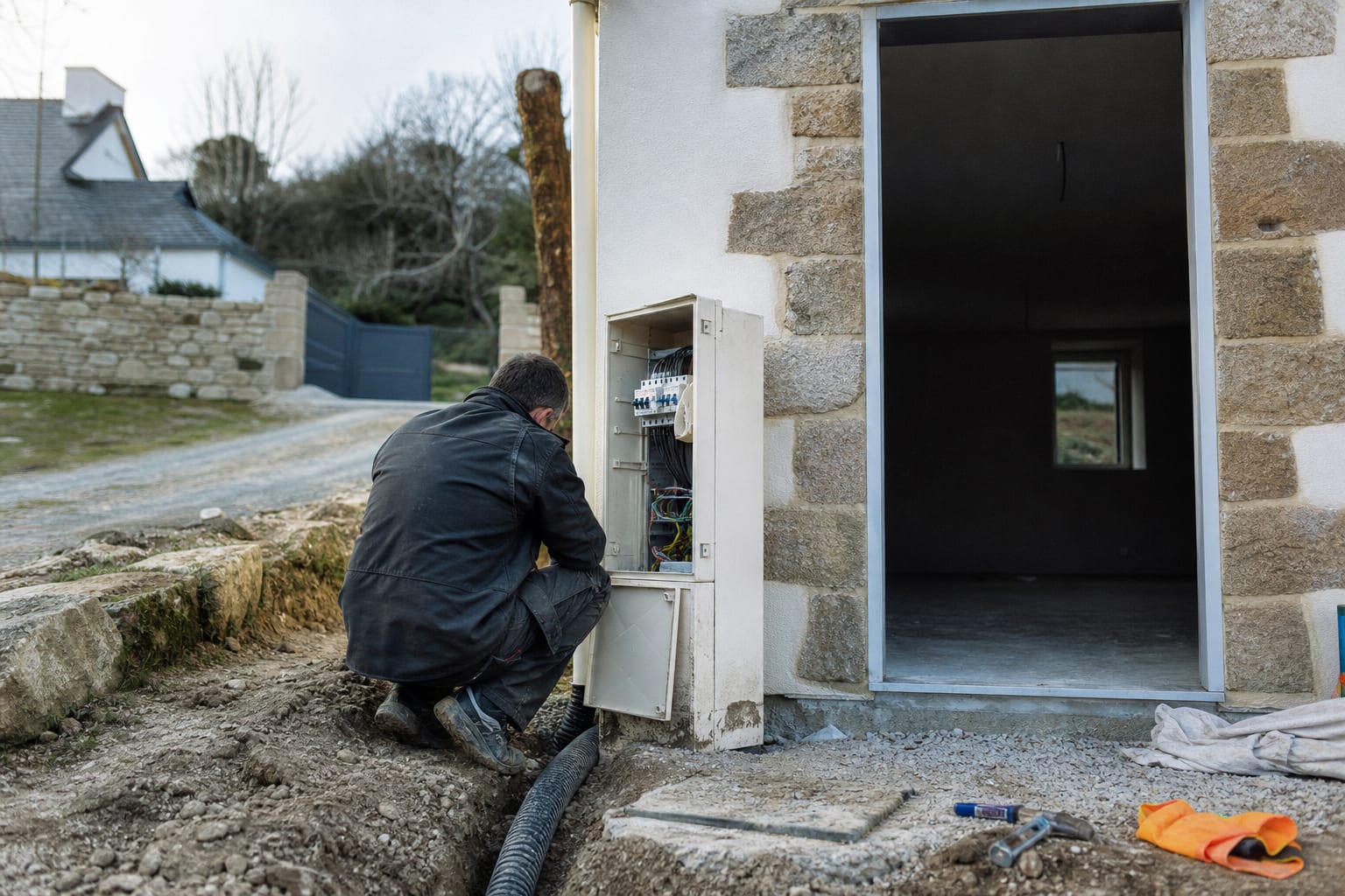 Électricien préparant le raccordement d’une maison neuve au réseau électrique.