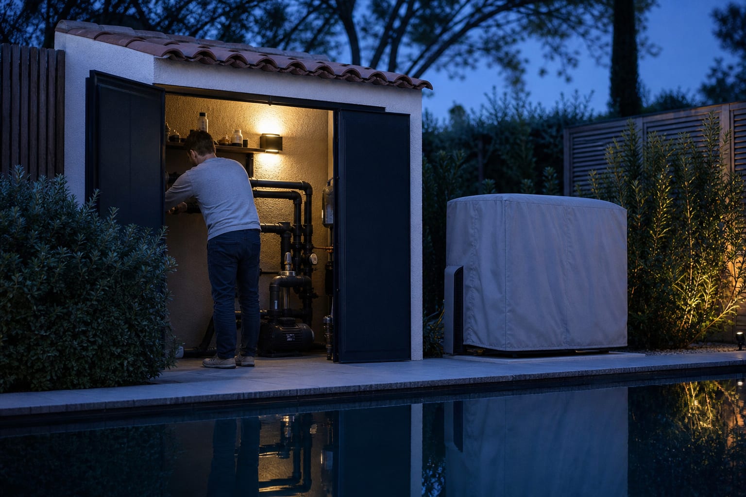 Abri technique ouvert près d’une piscine avec pompe et tuyaux de filtration.