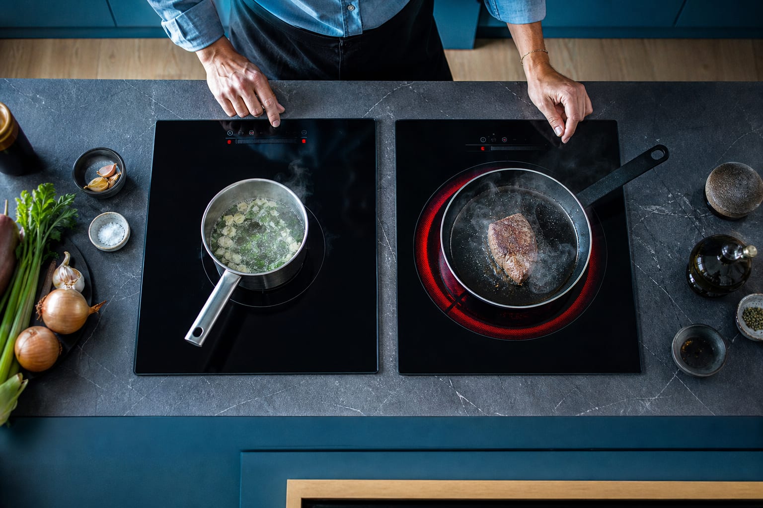 Vue du dessus de deux plaques chauffant chacune une casserole.