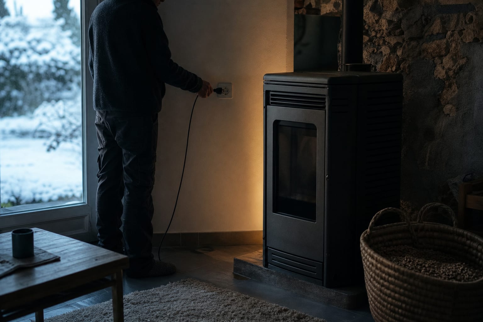 Poêle à granulés éteint lors d’une coupure électrique dans un salon.