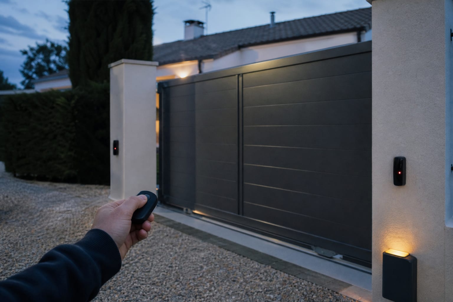 Cellules de sécurité d’un portail motorisé devant une maison française au crépuscule.
