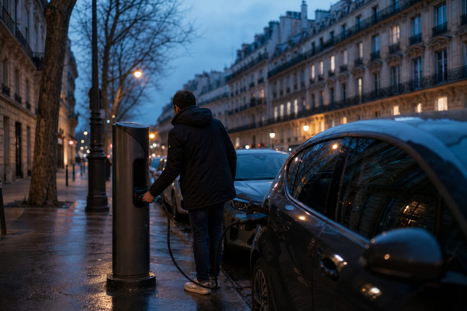 Conducteur branche une voiture à une borne publique parisienne au crépuscule.
