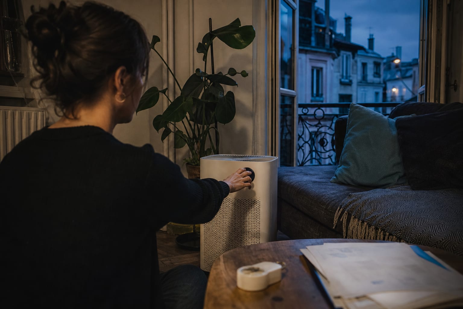 Purificateur d’air en marche dans un salon lyonnais avec facture floue.