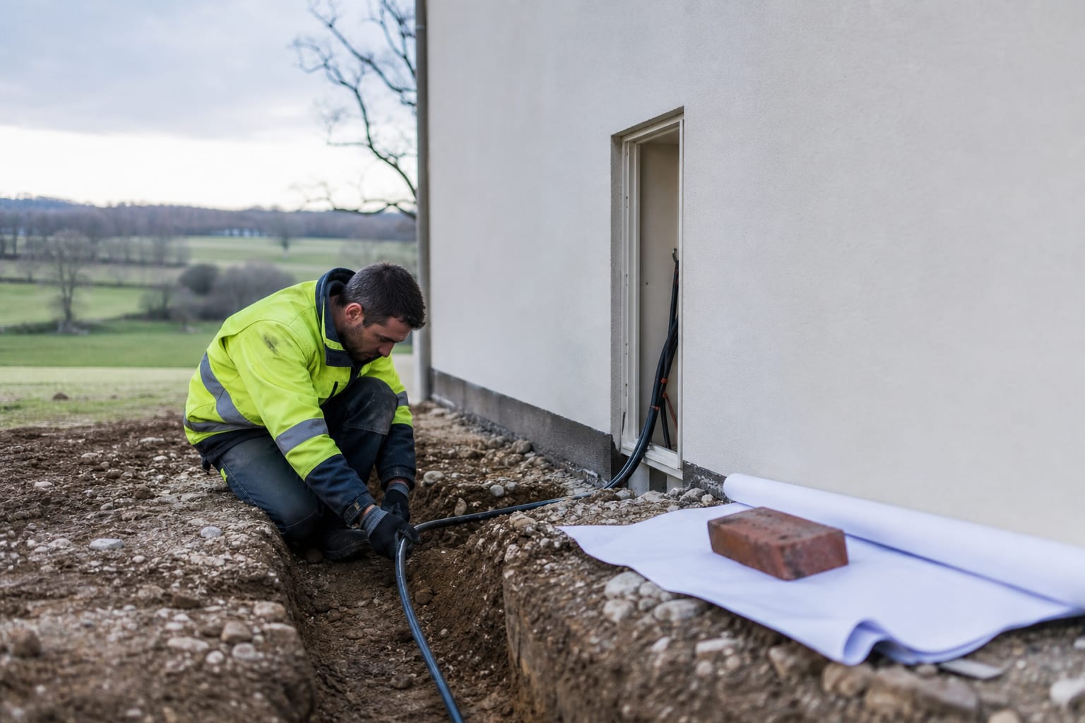 Électricien pose un câble de raccordement devant une maison neuve.