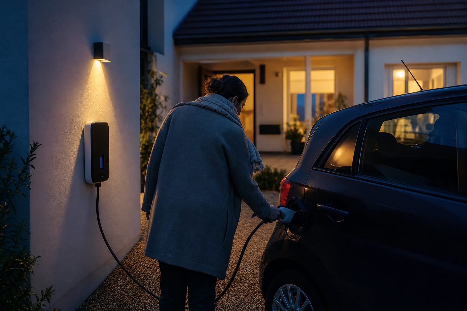 Recharge nocturne d'une voiture électrique devant une maison familiale française.
