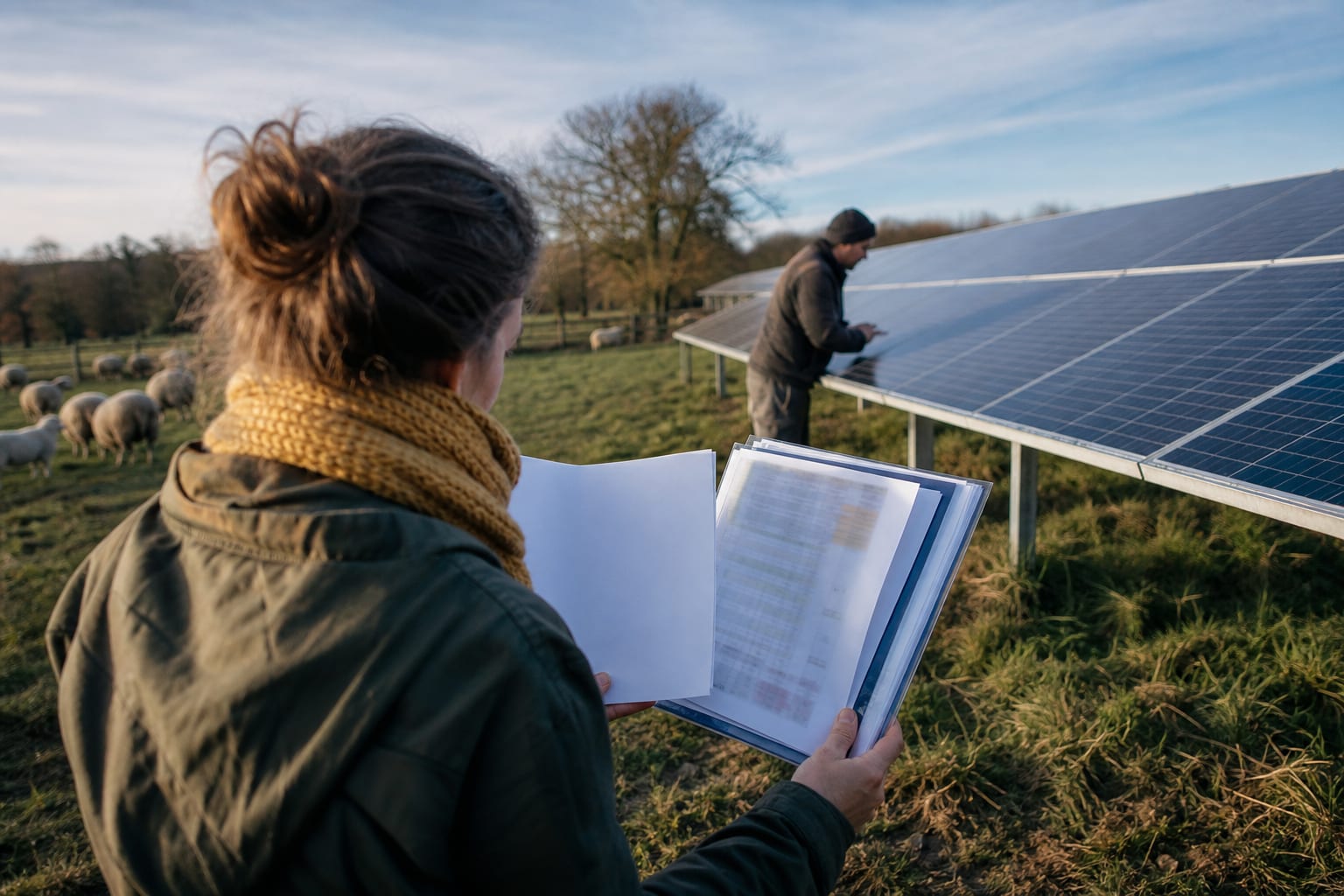 Producteur local et documents d’origine près de panneaux solaires coopératifs.