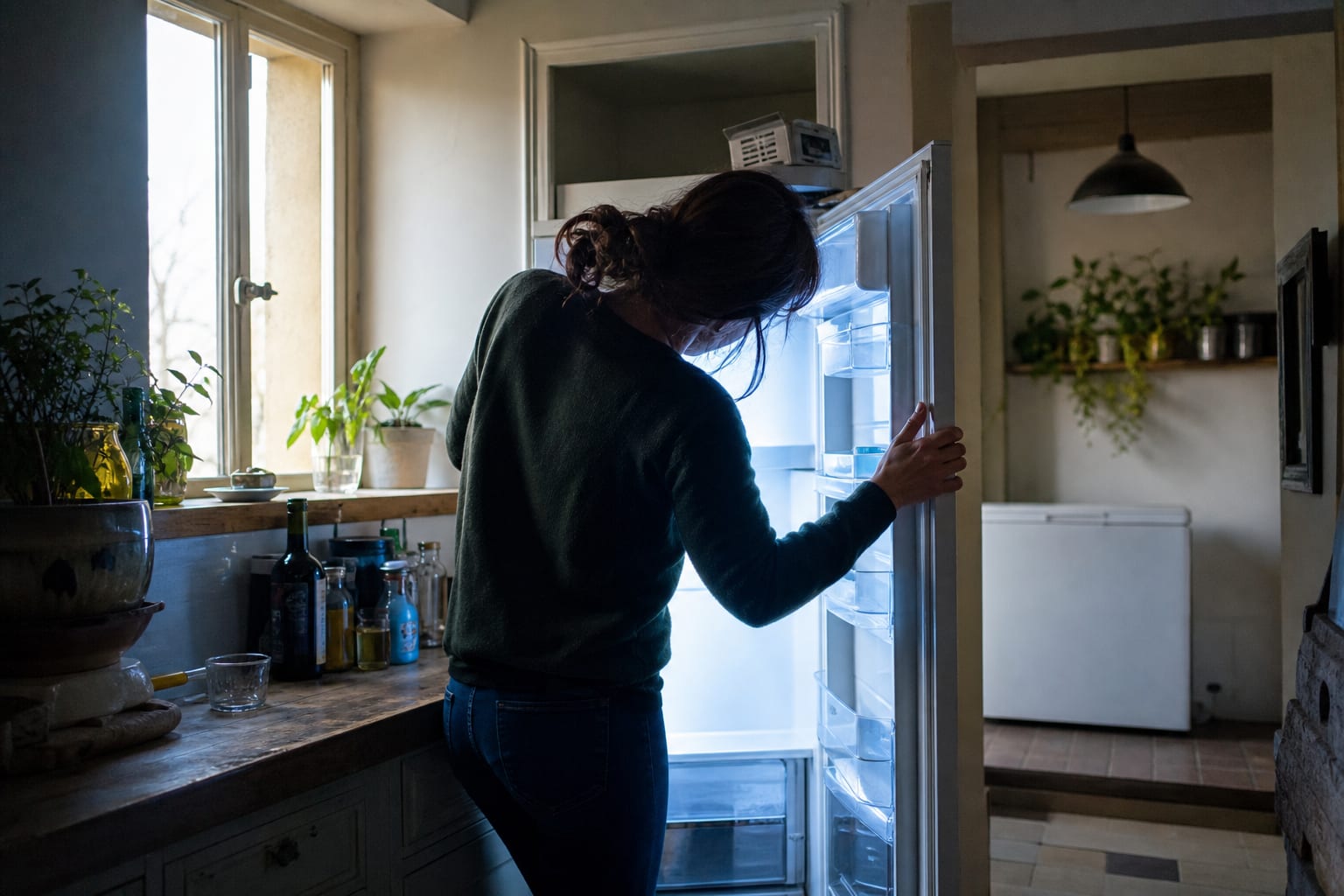 Personne vérifiant le joint d’un réfrigérateur-congélateur près d’un congélateur séparé.