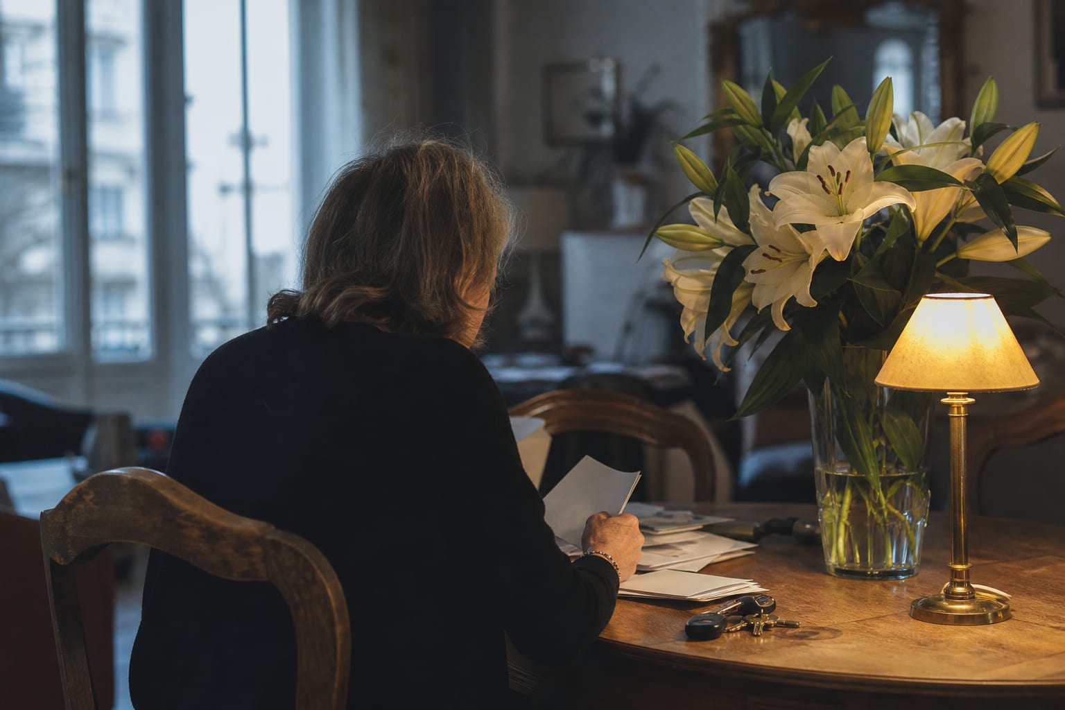 Proche triant des démarches électriques après un décès, lampe maintenue allumée.