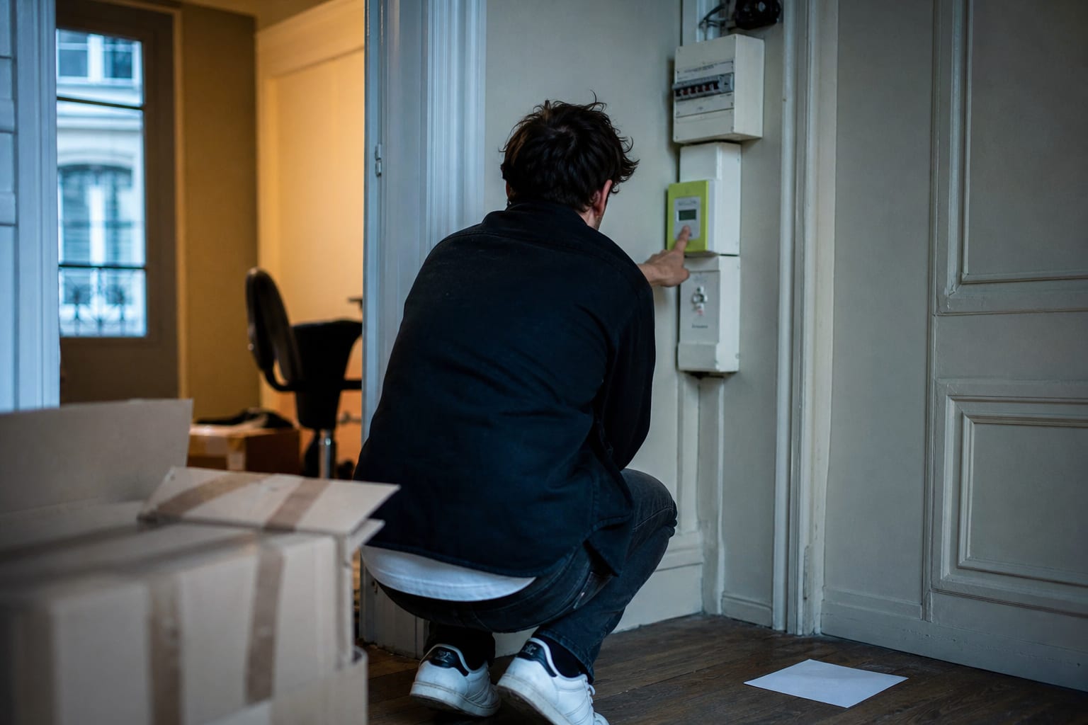 Locataire relevant l’index du compteur dans un appartement en déménagement.