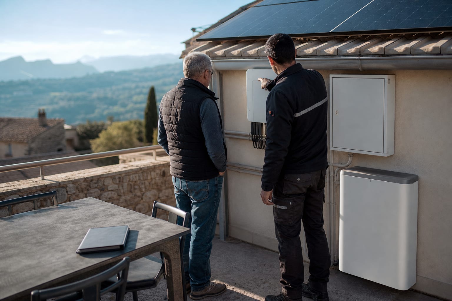 Propriétaire et installateur inspectent panneaux, compteur et batterie sur une ferme.