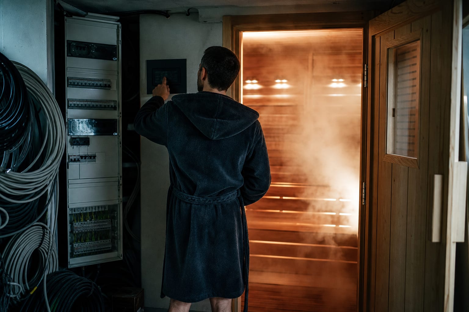 Sauna électrique domestique en bois près du tableau électrique de la maison.