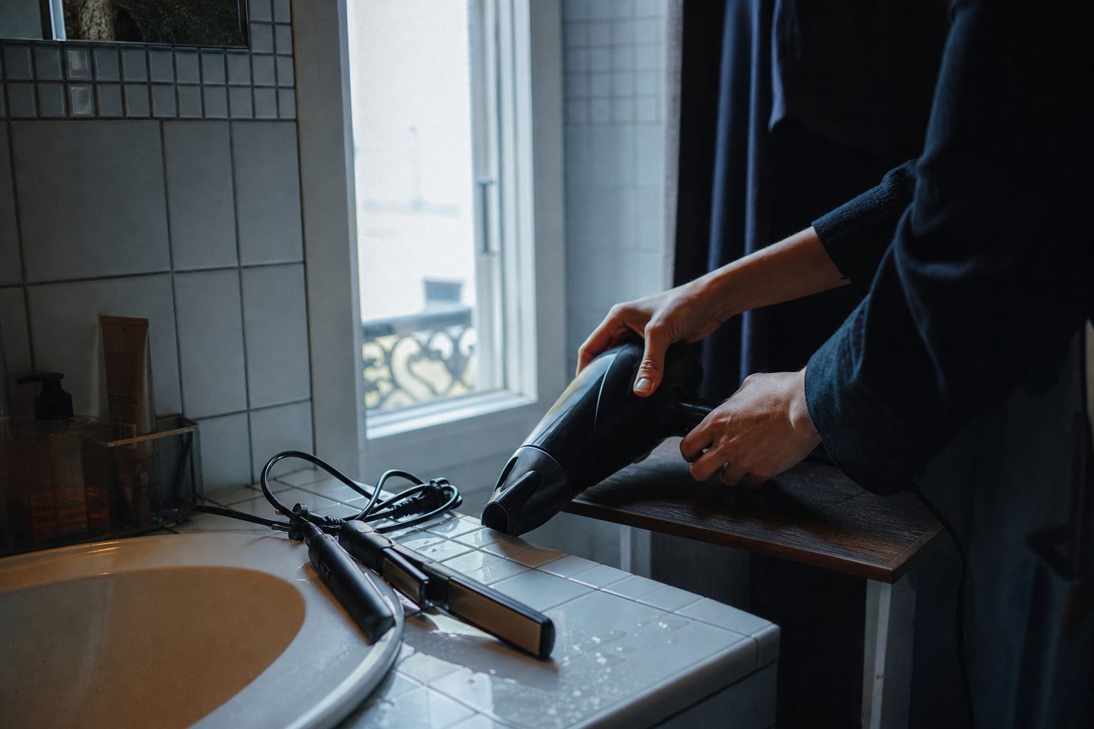 Sèche-cheveux et lisseur posés loin du lavabo dans une salle de bains.