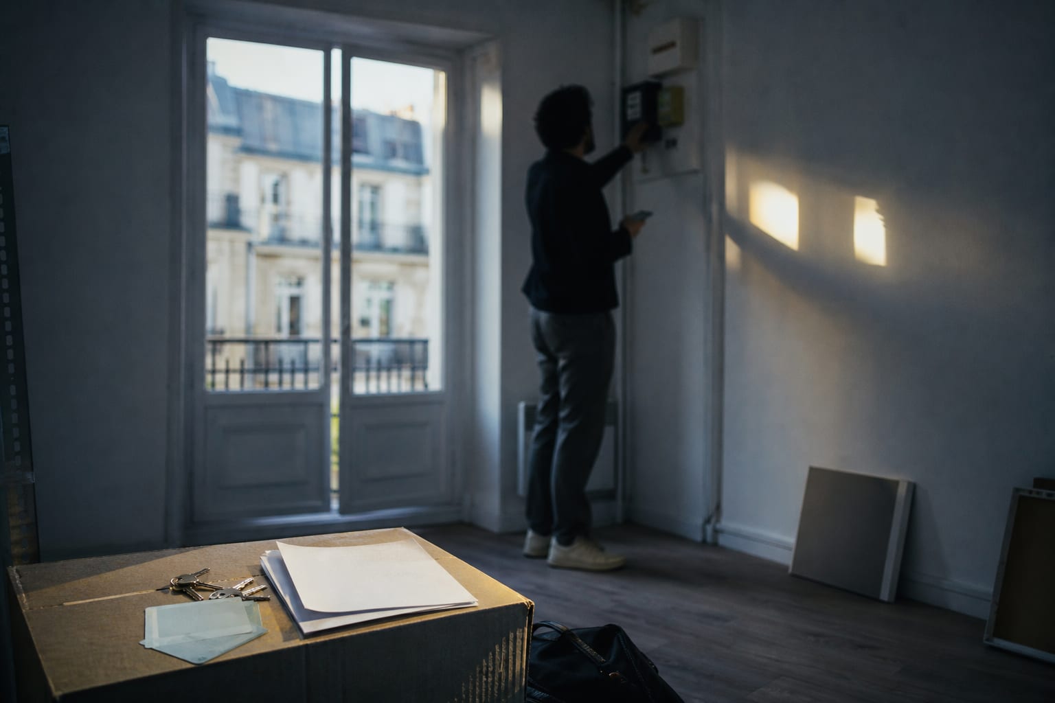 Nouveau locataire vérifie compteur et documents dans un logement vide.