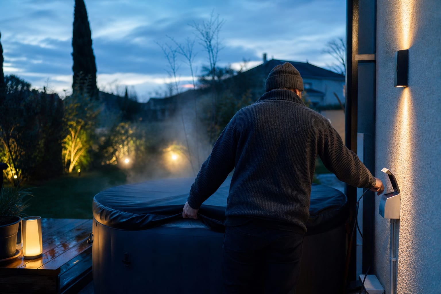 Spa gonflable couvert dans un jardin, raccordement électrique extérieur sécurisé.