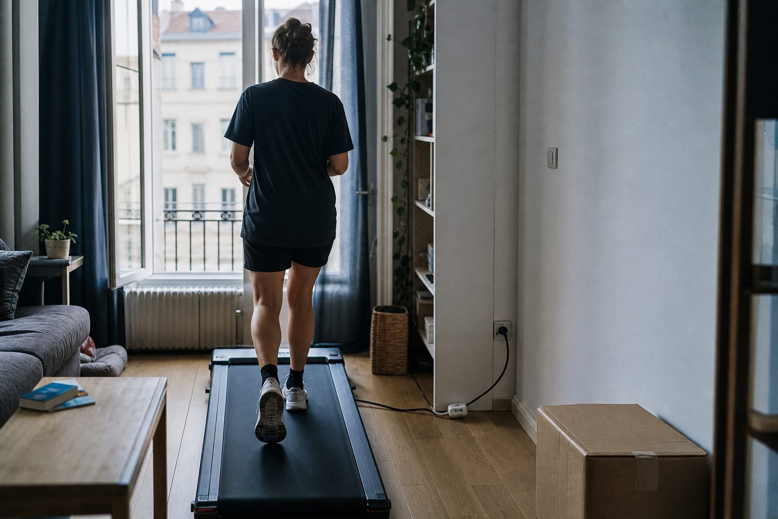 Tapis de course branché à un compteur électrique dans un appartement lyonnais.