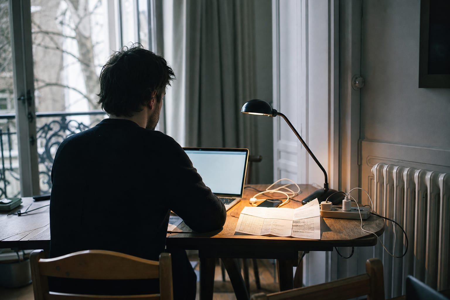 Télétravailleur de dos devant ses appareils dans un appartement français en hiver.