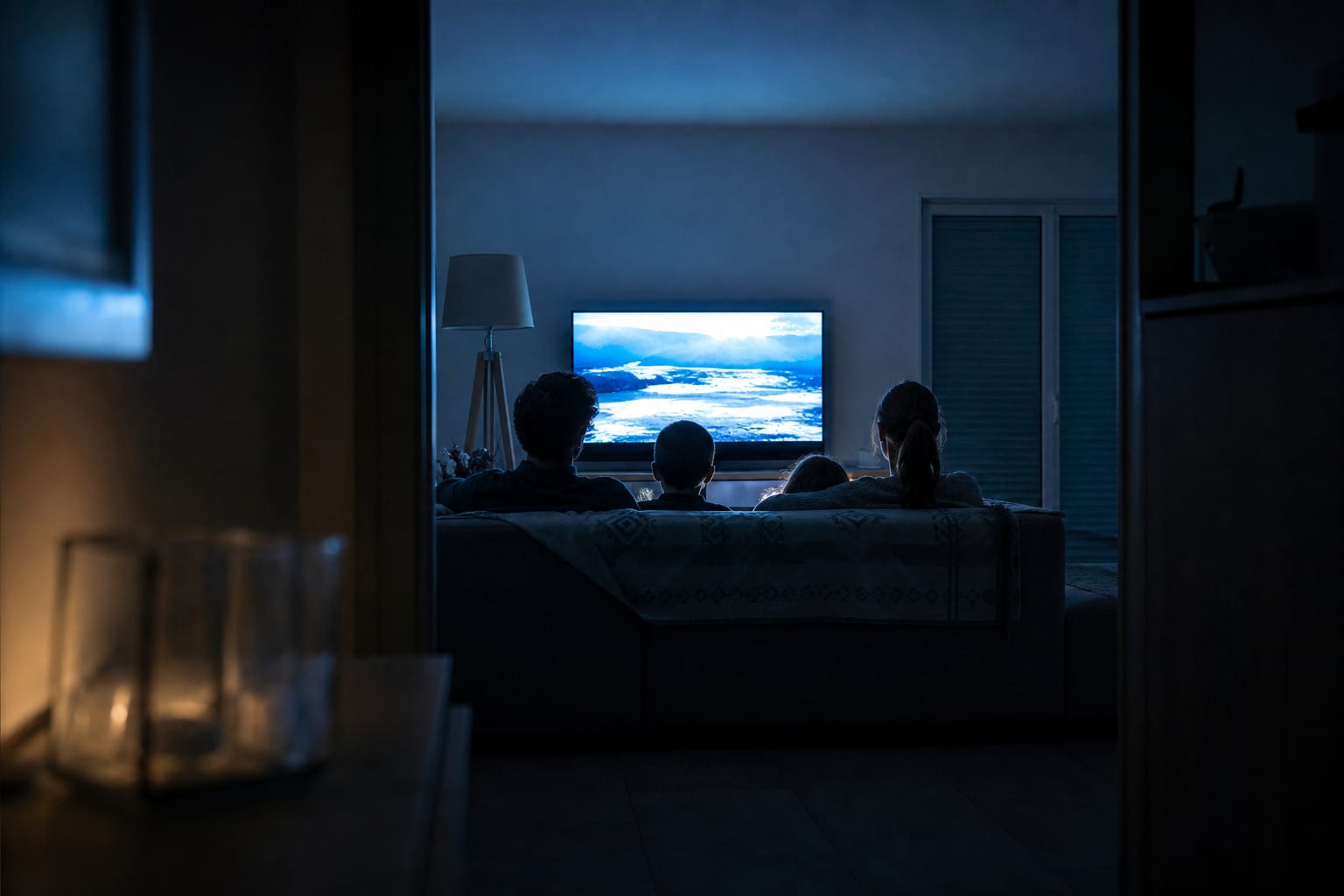 Silhouettes de dos devant une télévision allumée dans un salon.