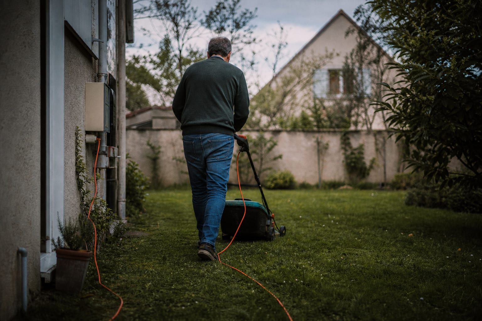Tondeuse filaire utilisée dans un jardin résidentiel près du compteur électrique.
