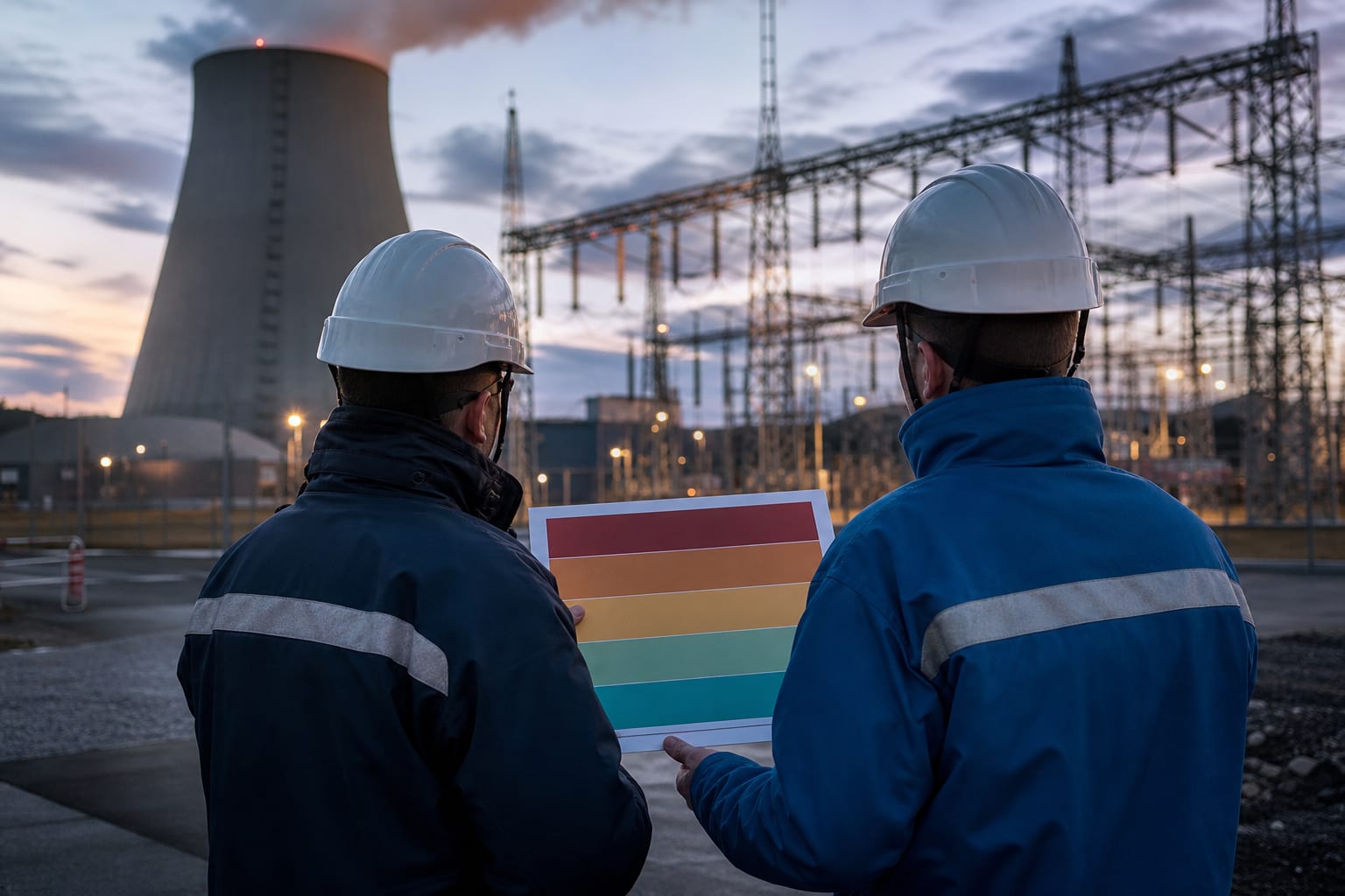 Techniciens devant une centrale nucléaire tenant un graphique de seuils sans texte.
