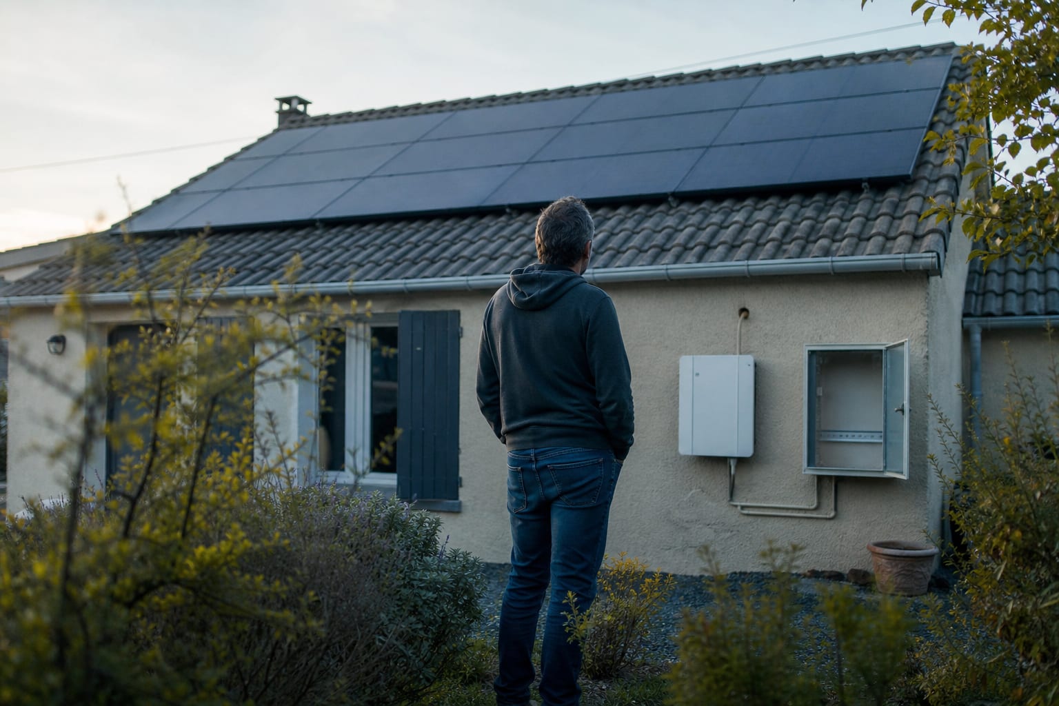 Propriétaire de dos devant panneaux solaires, onduleur et emplacement de batterie.