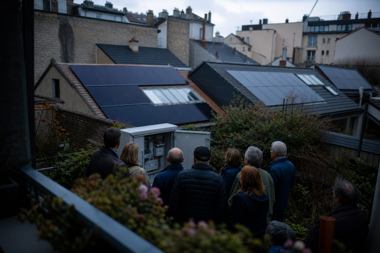 Toits solaires et résidents réunis autour d’un coffret électrique partagé.