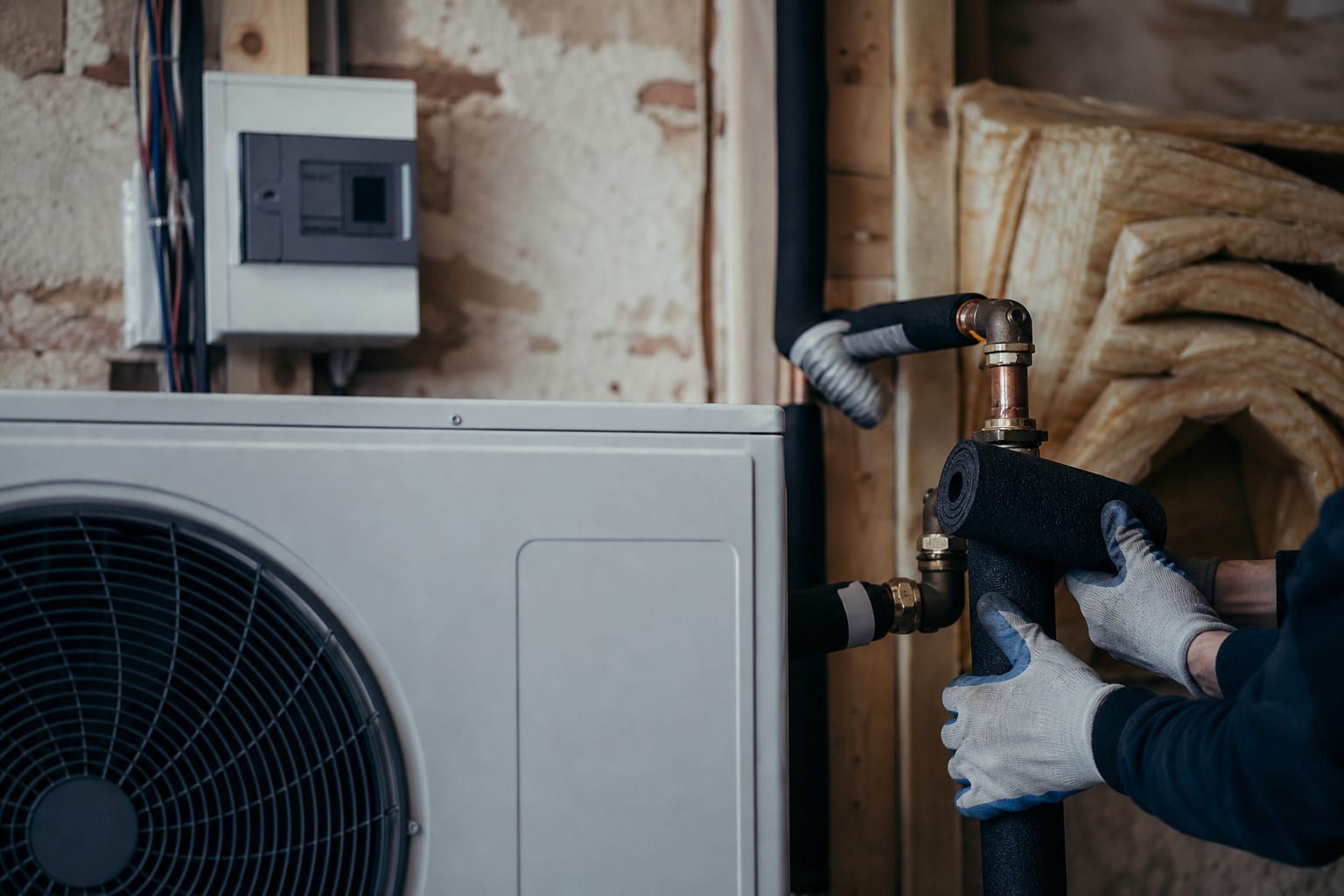 Mains de technicien isolant des tuyaux près d’une pompe à chaleur.