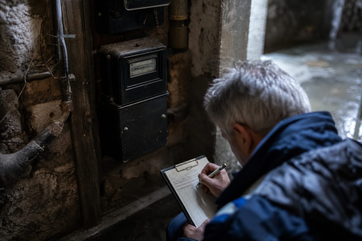Agent relevant un ancien compteur électrique dans une cave d’immeuble.
