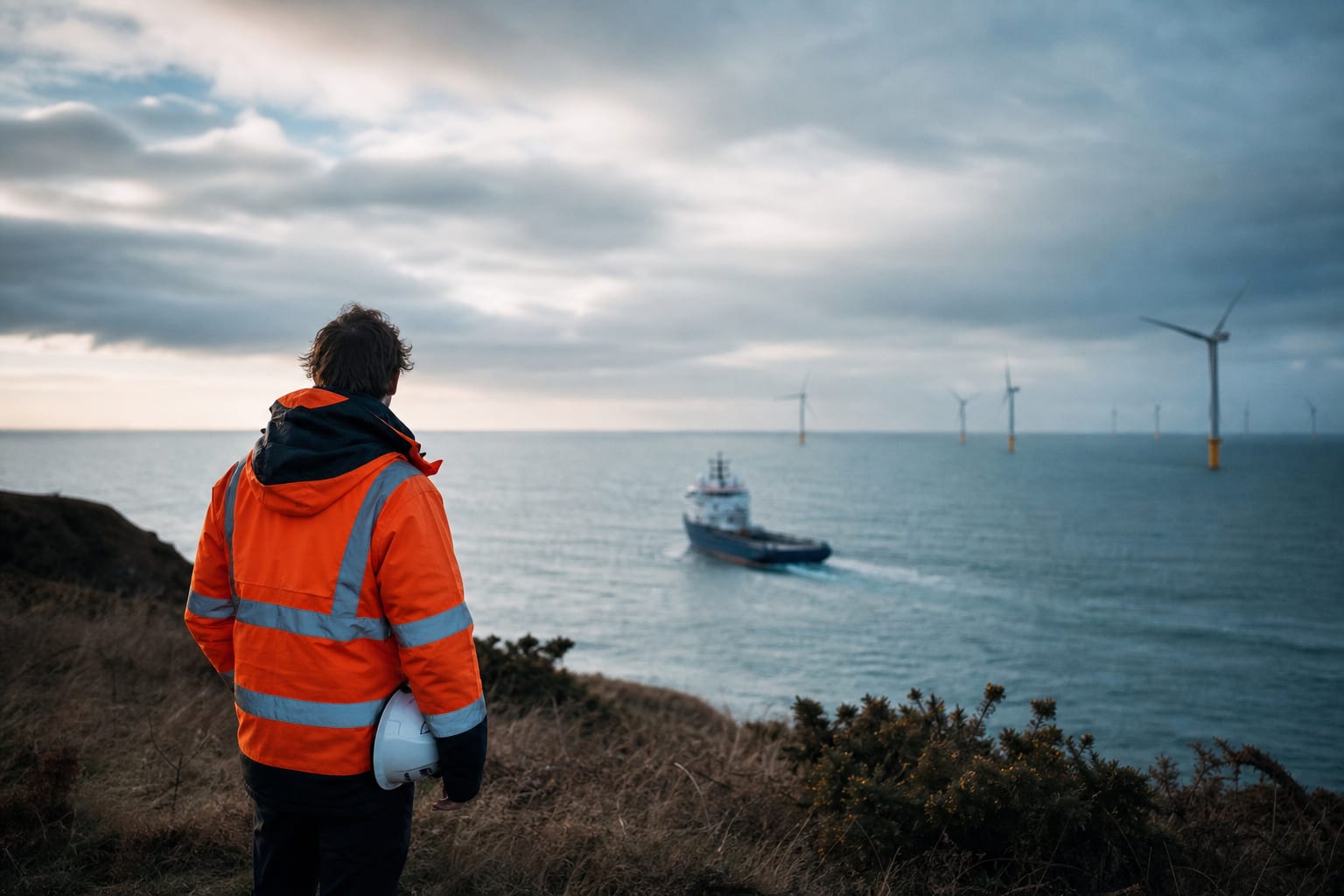 Éoliennes marines lointaines observées depuis un cap normand venteux.