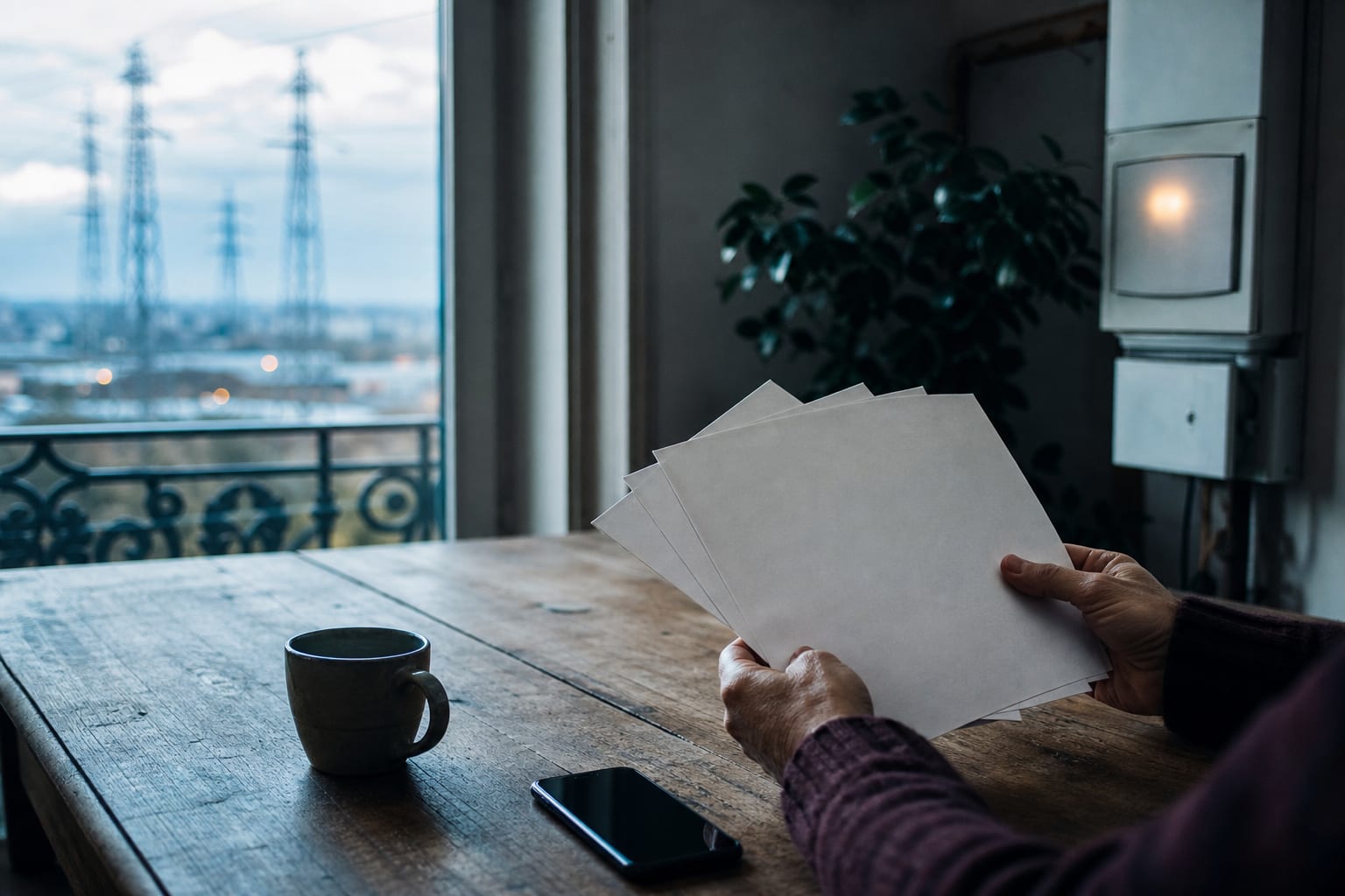 Mains comparant des factures d'électricité près d'un compteur dans un appartement.