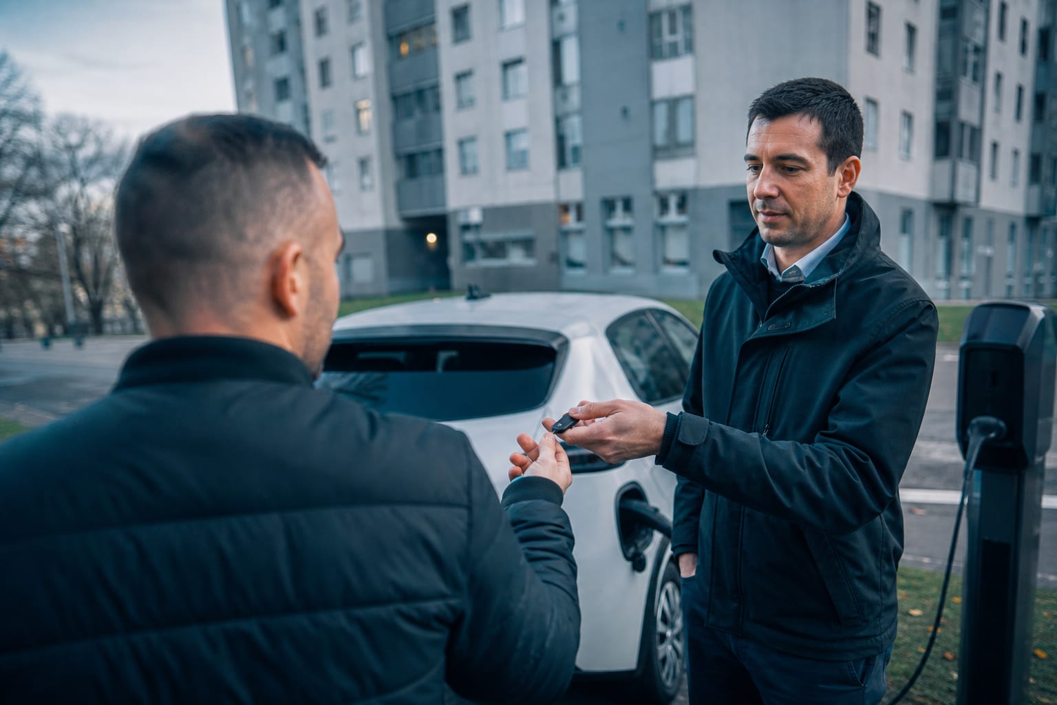 Remise de clé devant une voiture électrique près d'un logement social.