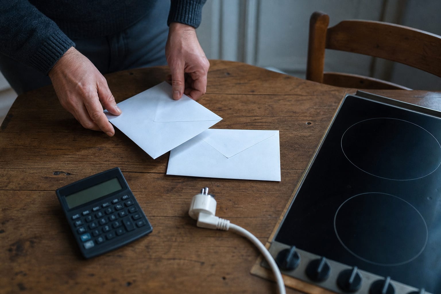 Factures d'énergie scellées et calculatrice éteinte sur une table bordelaise.