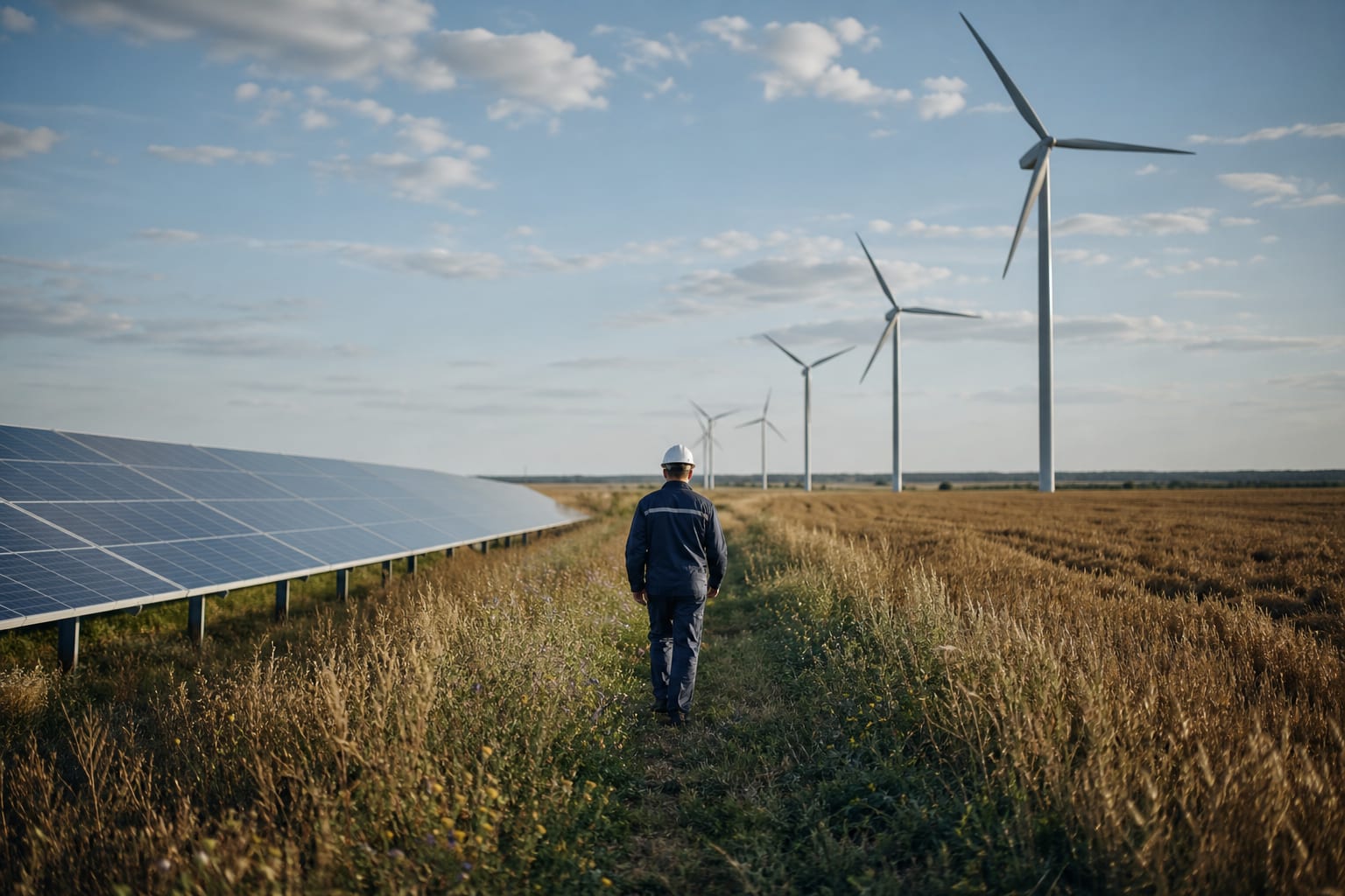Éoliennes et panneaux solaires dans la plaine de Beauce.