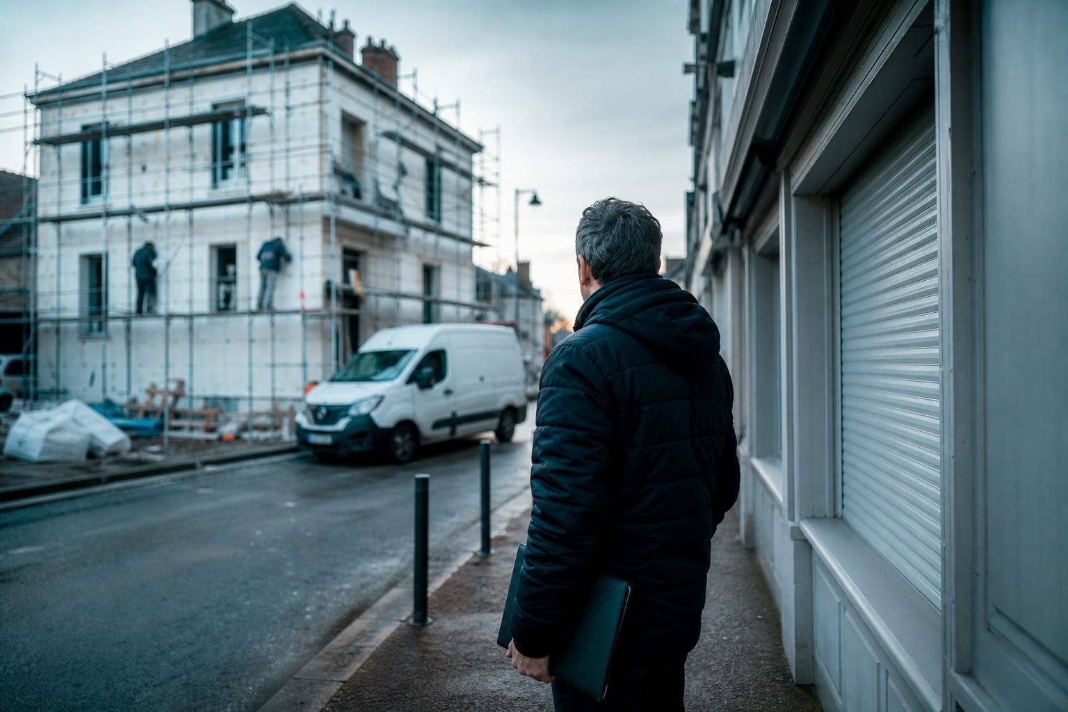 Guichet de rénovation fermé tandis que des travaux continuent en hiver.