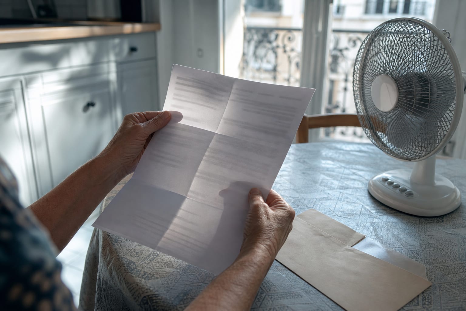 Mains examinant une facture d’électricité illisible sur une table de cuisine estivale.