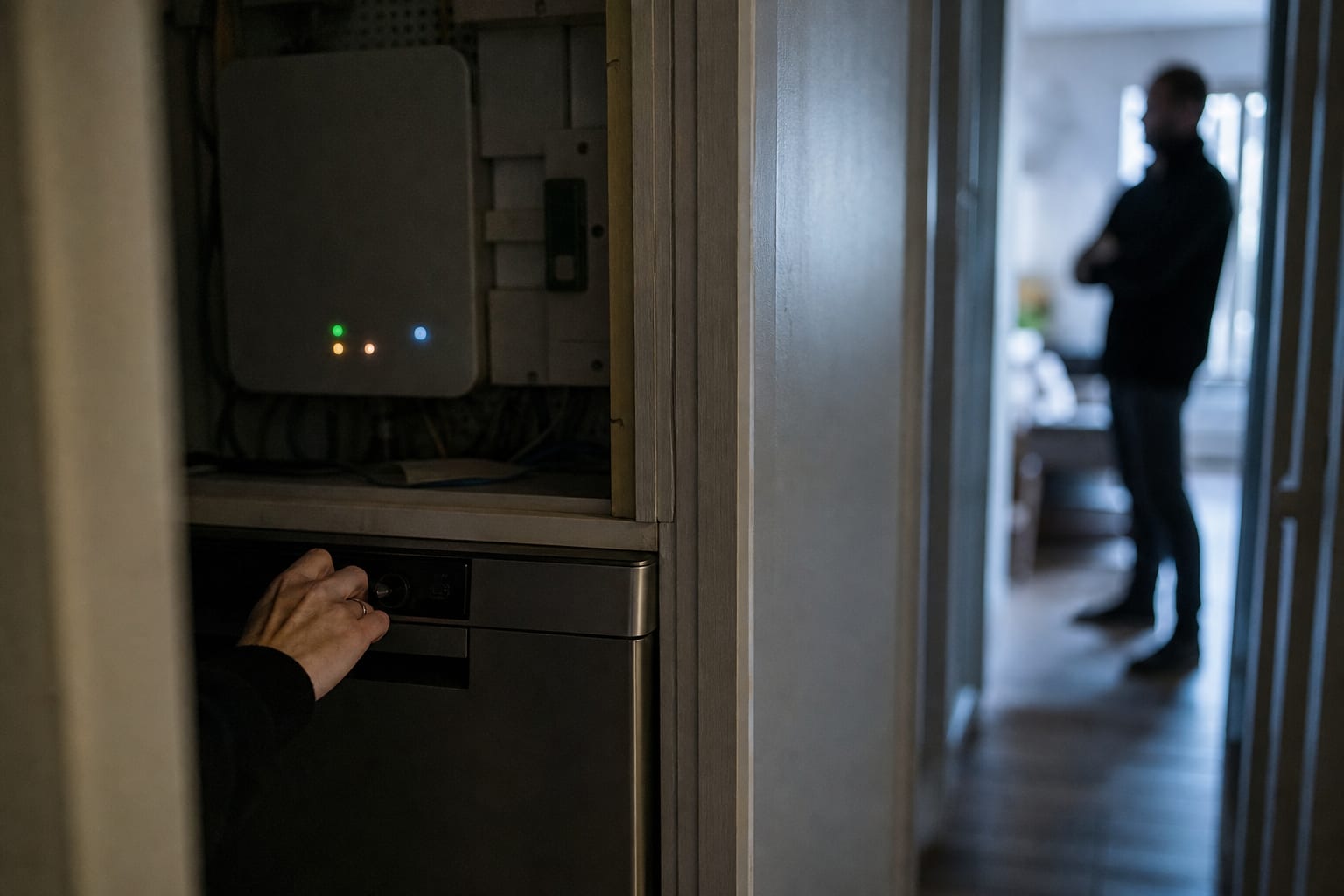 Main réglant un appareil près d’un compteur communicant dans un placard.