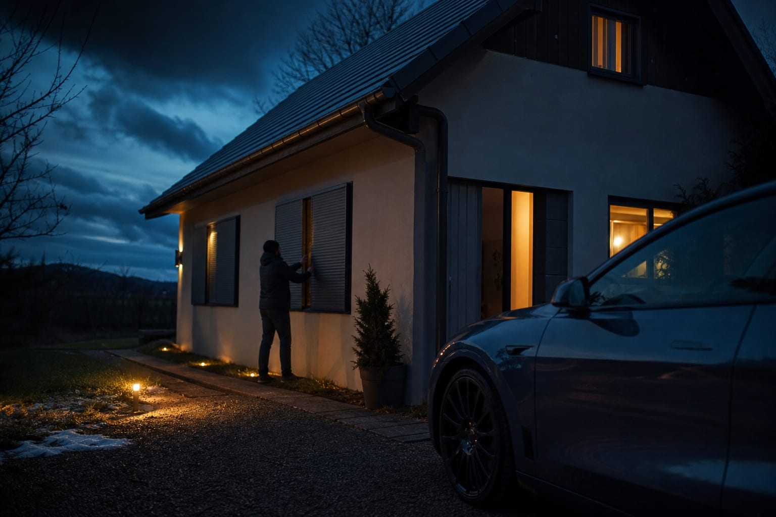 Maison jurassienne assombrie, volets fermés et voiture non branchée pendant un pic.