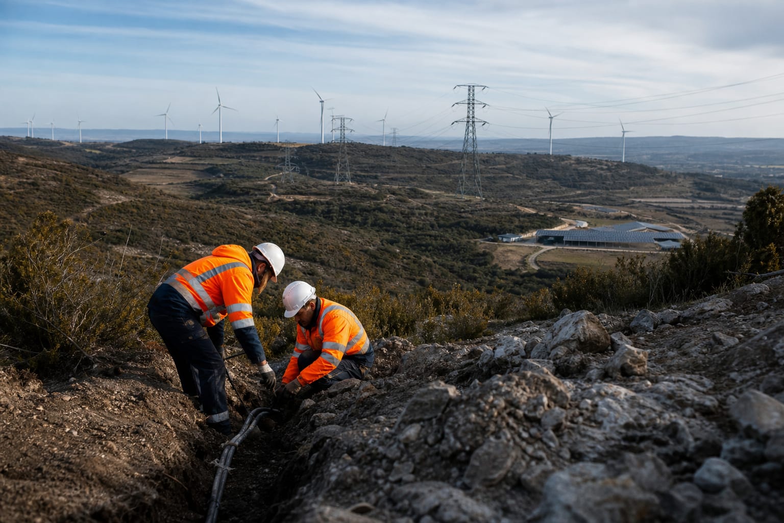 Pylônes neufs, éoliennes et chantier de réseau dans une vallée française.