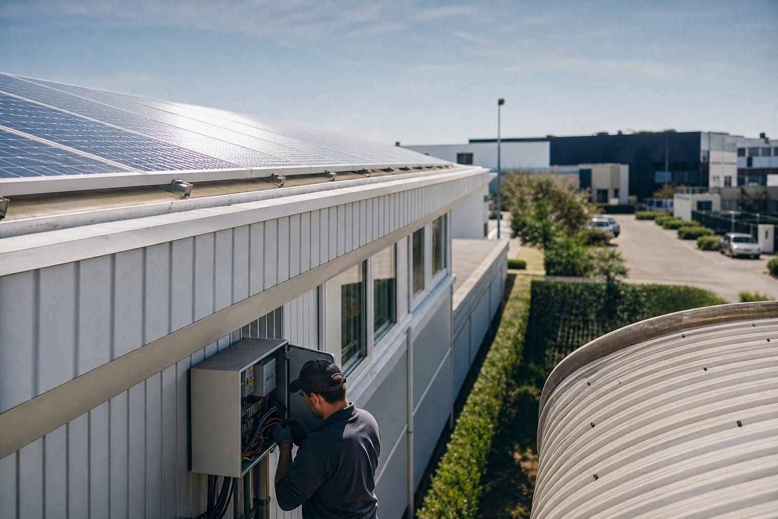 Panneaux solaires brillants et technicien intervenant sur un onduleur en plein midi.