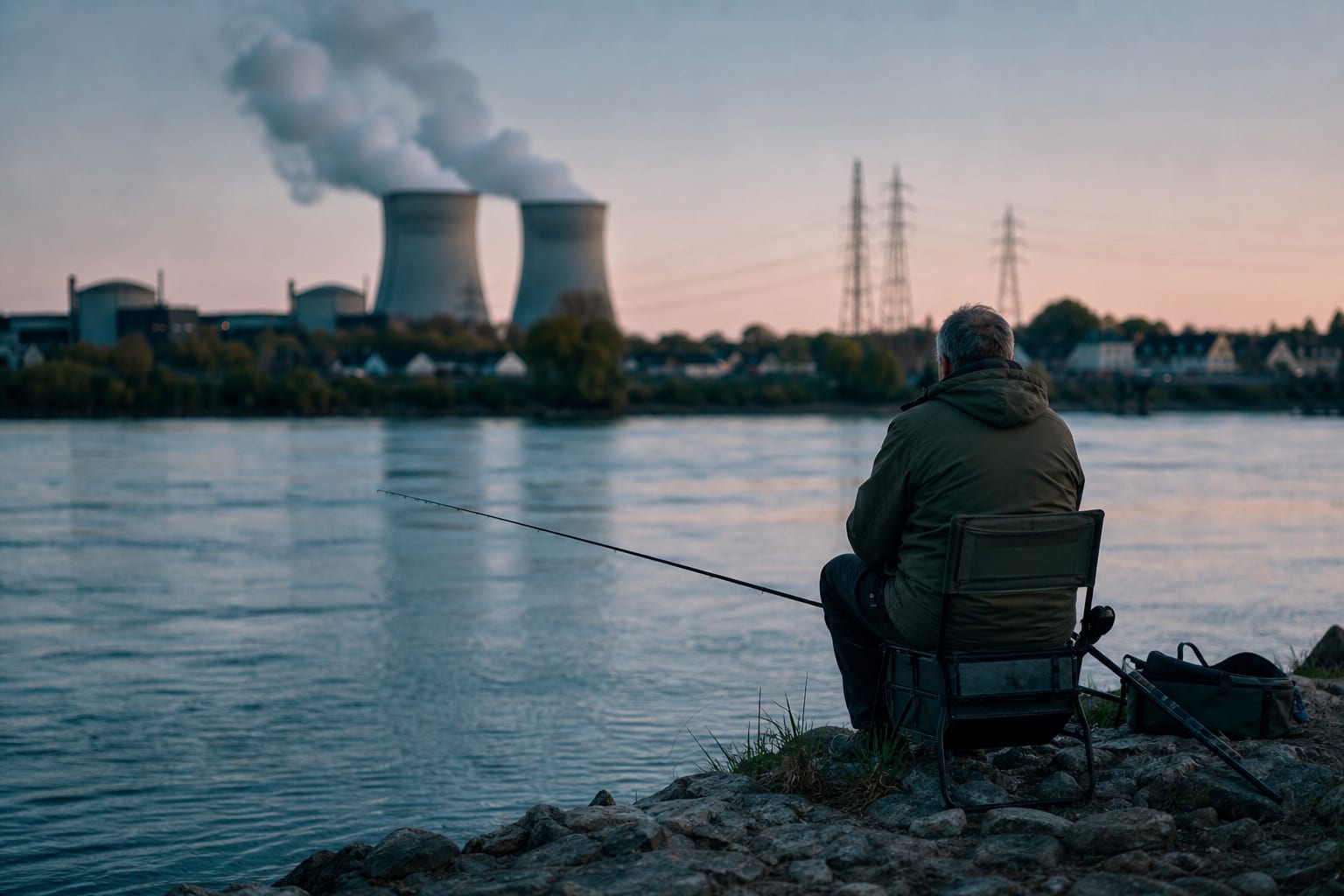 Centrale nucléaire fumante au bord de la Loire, lignes électriques vers les habitations.