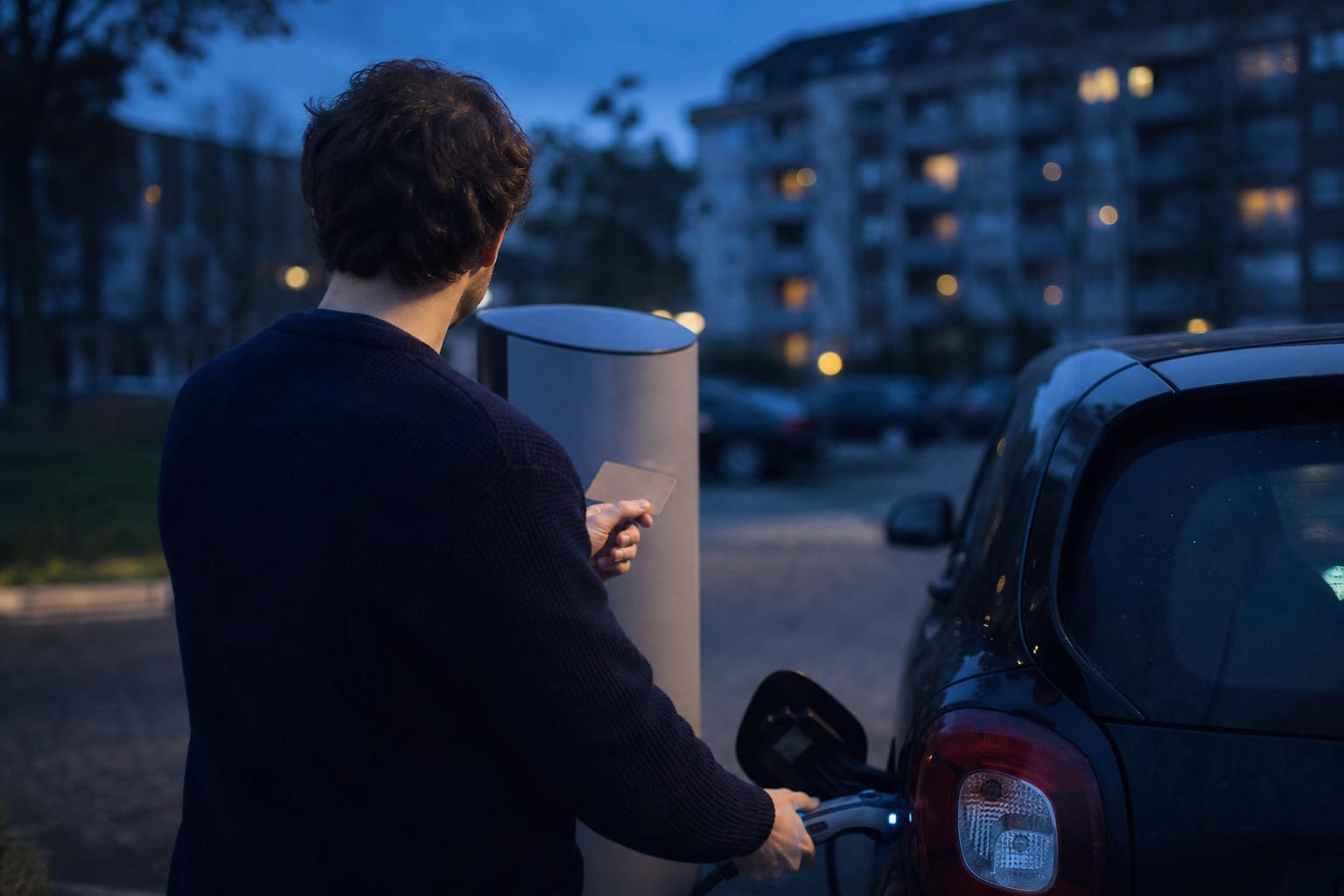 Conducteur branchant une voiture électrique à une borne publique au crépuscule.