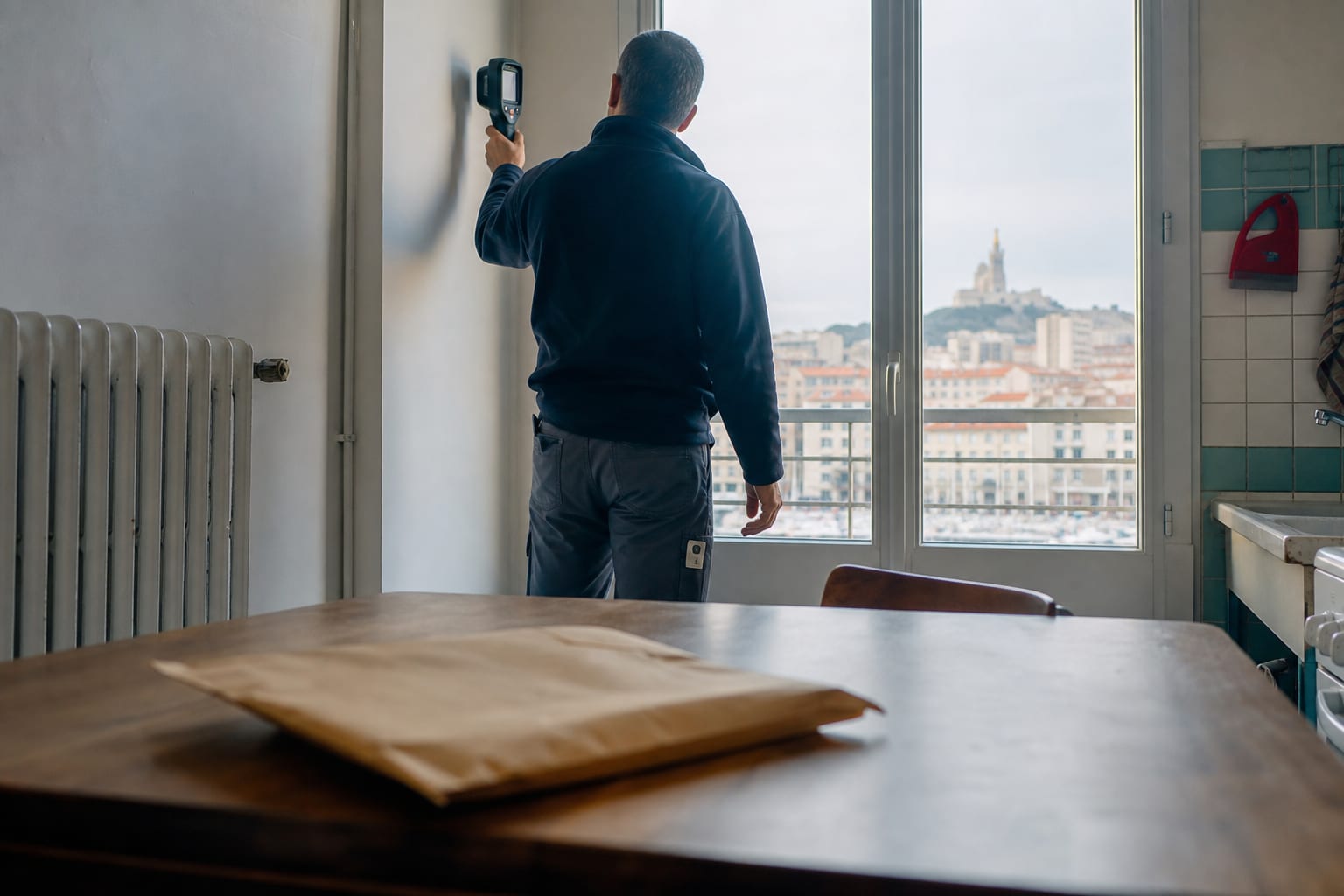 Diagnostiqueur mesurant un mur tandis qu’une facture reste inchangée sur la table.