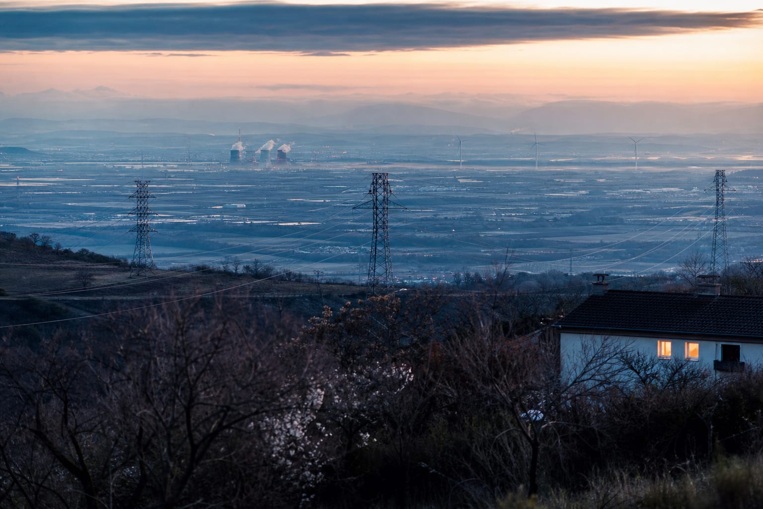 Réseau électrique et moyens de production dans la plaine rhodanienne hivernale.